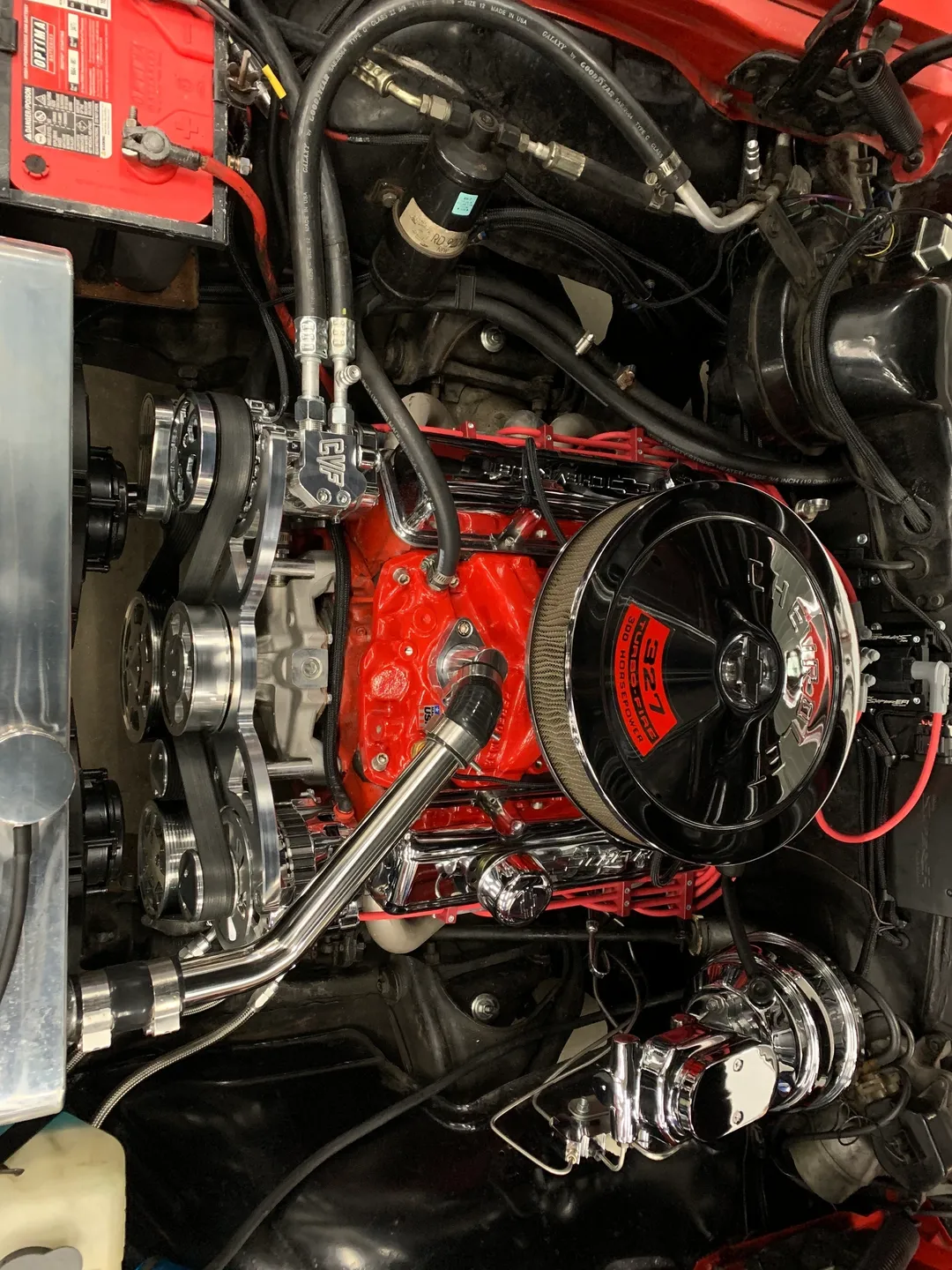A rotated view of a red car engine